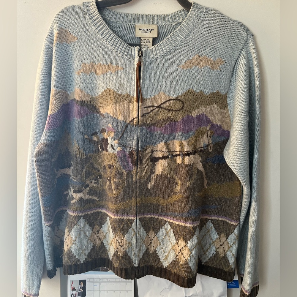 Vintage 90s/00s Monterey Koret Horse Carriage Dogs Zip Up Knit Sweater Large